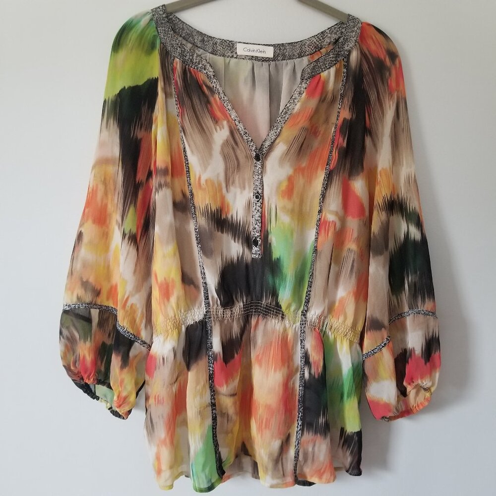 Calvin Klein multicolored V-neck blouse L - Picture 2 of 6